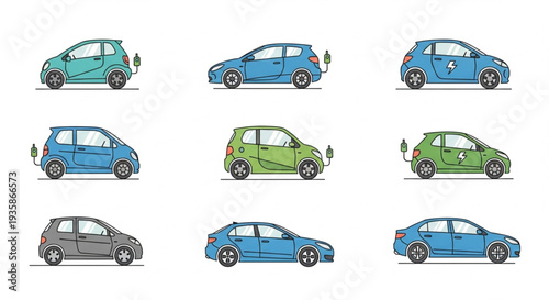Collection of Electric Cars Charging on White Background.