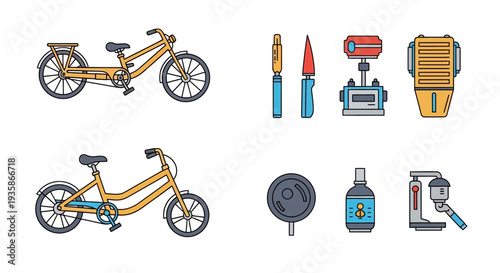 Colorful illustration depicting bicycles tools and various mechanical objects