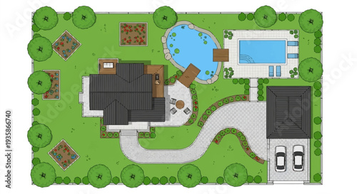 Aerial view of a house with a garden pool and landscaping plan