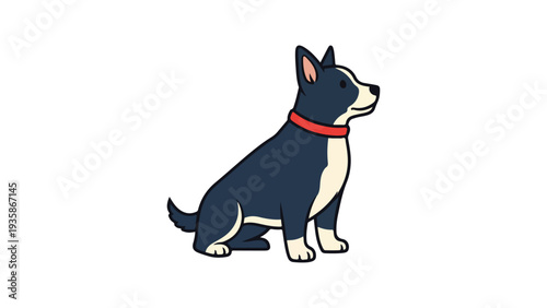 Cute Black and White Dog Sitting with Red Collar Flat Cartoon Vector Illustration