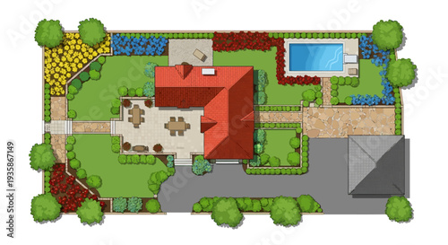 Aerial view of a house with a garden pool and landscaped yard