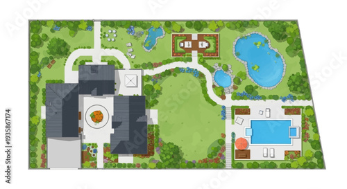 Detailed aerial view of a luxury estate with gardens and swimming pool