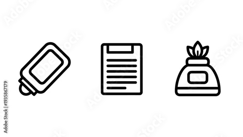 Beauty product icons: lipstick, document, and incense burner. Minimalist line art for cosmetics and fragrance.