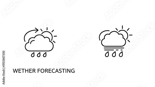 Weather forecasting icons: Sun behind cloud with rain and circular arrow, indicating changing weather conditions and forecasting.