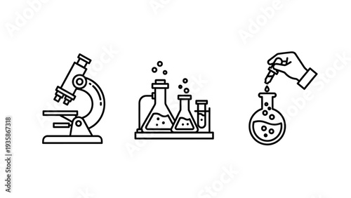 Science laboratory icons: Microscope, beakers with bubbles, and hand dropping liquid into flask, representing research, chemistry, and experiments.