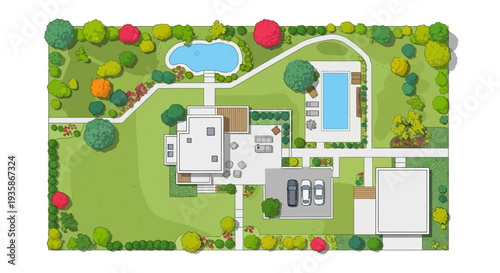 Aerial view of a modern house with a landscaped garden and swimming pool