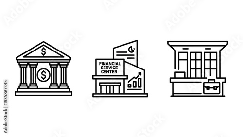 Icons representing financial institutions: a classical bank building, a modern financial service center with graph, and a teller window with briefcase.
