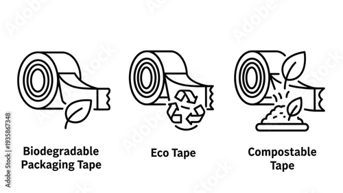 Eco-friendly packaging tape icons: biodegradable tape with leaf, recyclable tape with symbol, and compostable tape with soil and leaf.