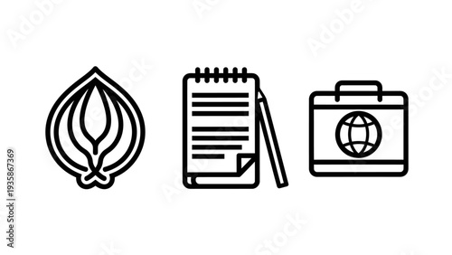 Icons for agriculture and business: an onion or leek bulb, a notepad with pencil for notes, and a briefcase with globe for international business.