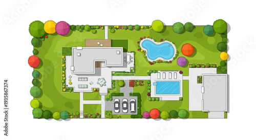 Architectural plan of a modern house with a pool and landscaped garden