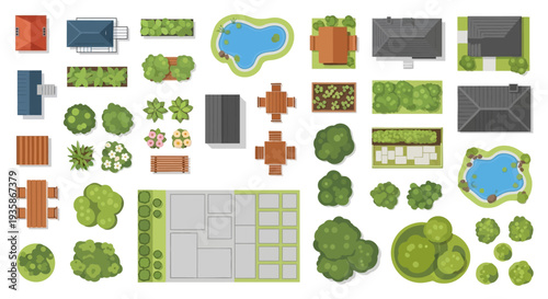 Aerial view of various buildings landscaping and garden elements