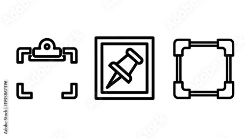 Icons for project management and notes: a clipboard with clip, a pinned note, and a frame with corner handles representing tasks, organization and framing.