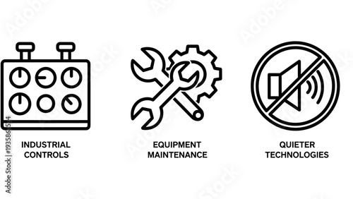 Industrial Technology Icons: Control Panels, Equipment Maintenance Tools, Quiet Technology Symbol