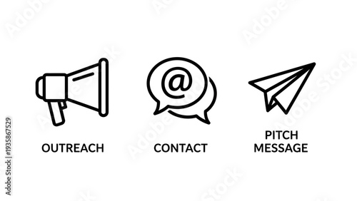 Communication Icons: Megaphone Outreach, Email Contact Symbol, Paper Airplane Pitch Message