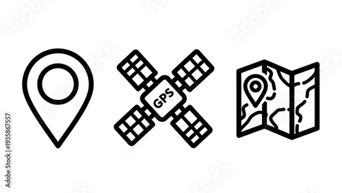 Collection of simple outline icons representing location tracking and navigation technology: a pinpoint, GPS satellite, and a folded map.