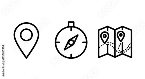 Set of flat design icons for navigation and travel, featuring a location pin, compass, and folded map with route markers.