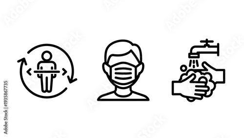 Health and safety icons: social distancing, face mask, and hand washing. Coronavirus prevention and public health measures, line art.