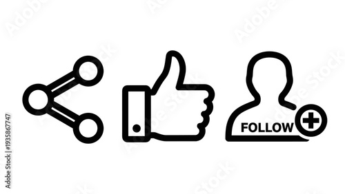 Social media icons: share, like thumb up, and follow profile with plus sign. Engagement and connection symbols for online platforms, vector illustration.