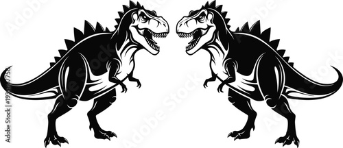 Tyrannosaurus rex dinosaur silhouette pair vector illustration, prehistoric predator animal roaring reptile Jurassic creature black and white mascot design collection