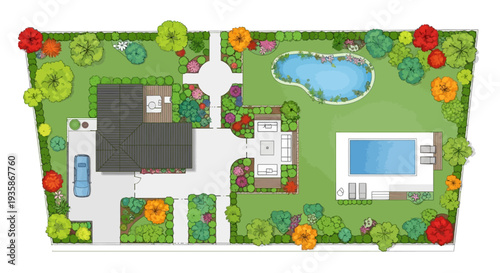 Detailed aerial landscape plan showcasing a house garden and pond