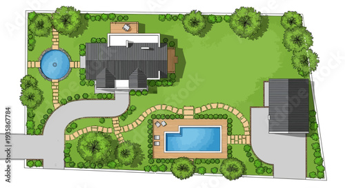 Aerial view of a residential landscape plan with house and amenities