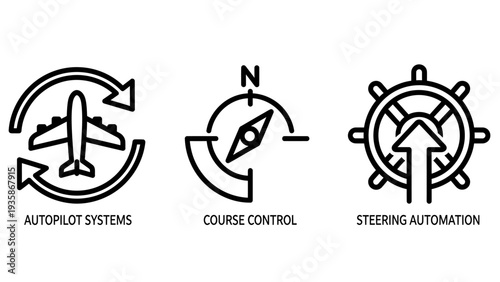 Icons for automated navigation and control systems: airplane with rotation arrows for autopilot, compass for course control, and ship wheel for steering automation.