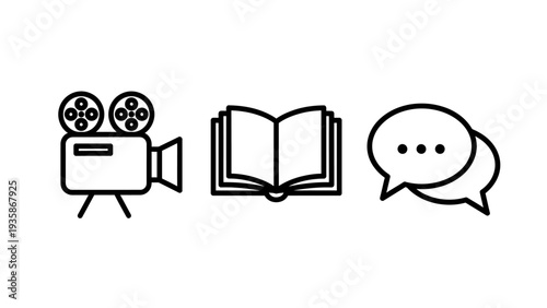 Icon set for media and communication: vintage film camera, open book, and speech bubbles, symbolizing storytelling, knowledge, and dialogue.