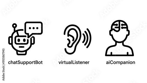 Artificial intelligence icons: chatbot, listening ear, and AI companion brain, representing virtual assistance, active listening, and human-computer interaction.
