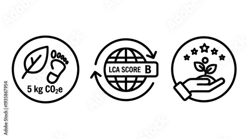 Environmental impact icons: footprint with leaf and CO2, LCA score B globe, and hand nurturing plant, representing carbon footprint, lifecycle assessment, and eco-conscious growth.