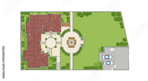 Architectural plan depicting a large property with house garden and driveway