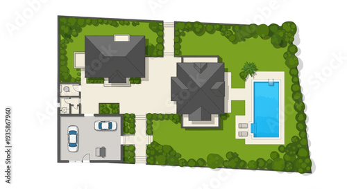 Aerial view of a luxury property featuring a house pool and landscaping