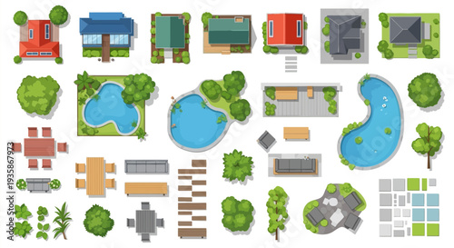 Aerial view collection of buildings trees ponds and landscape elements