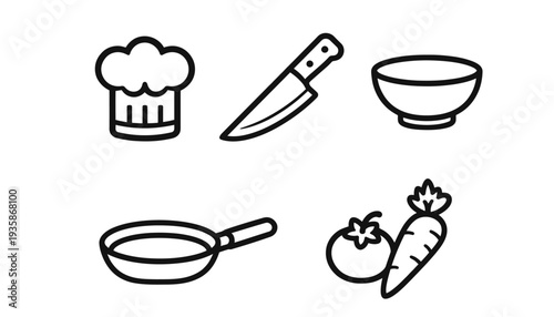 Kitchen Cooking Line Icons Set,  Chef Hat, Knife, Bowl, Frying Pan and Vegetables