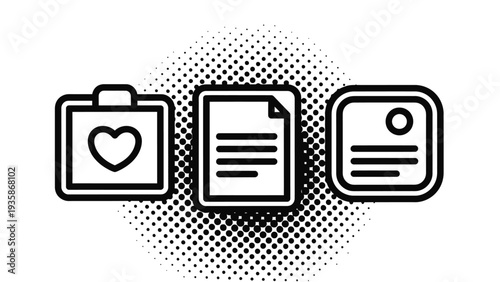 Medical health icons, heart in briefcase, document with text, ID card with photo, healthcare service and personal information concept, vector illustration