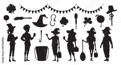 Halloween silhouette witch pilgrim costume vector illustration set