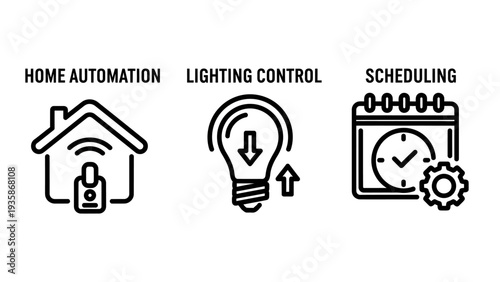 Home automation icons, smart house control, wireless technology, lighting adjustment, scheduling system, vector illustration