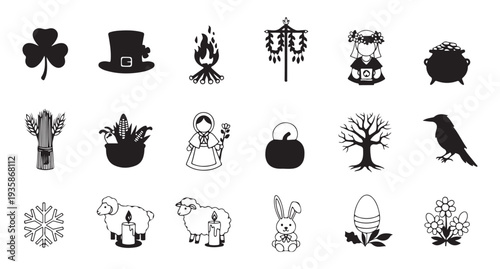 Seasonal holiday shamrock leprechaun hat pumpkin snowflake easter egg vector icon set