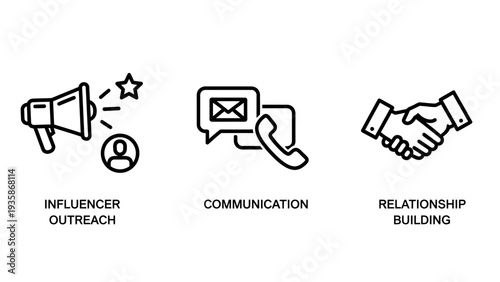 Marketing icons, influencer outreach with megaphone, communication via phone and message, relationship building handshake, vector illustration