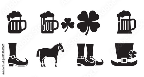 St patrick's day beer mug shamrock leprechaun hat silhouette vector set