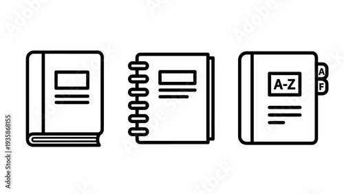 Set of three book icons: closed book, spiral bound notebook, and tabbed binder, representing study, organization, and reference materials. Vector illustration in a clean, minimalist style.