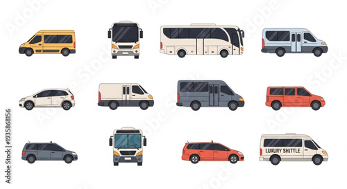 Collection of diverse vehicles including vans cars and buses.