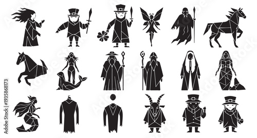 St patricks day celtic mythology characters geometric silhouette vector setSt patricks day celtic mythology characters geometric silhouette vector set