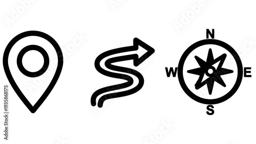 Navigation and direction icons: a location pin, a winding arrow indicating path, and a compass rose showing cardinal directions, illustrating travel, journey, and guidance.