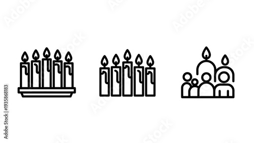 Icons representing candlelight and togetherness: a tray of seven candles, a group of five candles, and an abstract family silhouette, suggesting commemoration, ritual, and unity.