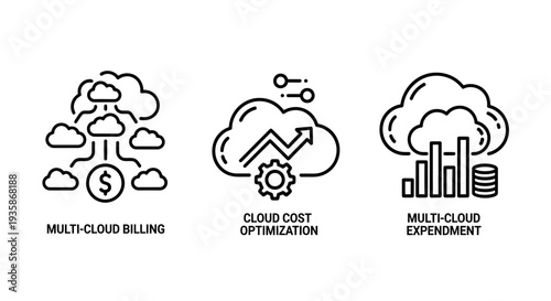 Cloud computing icons: multi-cloud billing with dollar signs, cloud cost optimization with gears and charts, and multi-cloud expendment with stacked coins, representing financial aspects of cloud serv