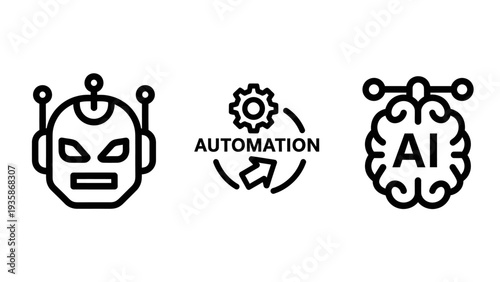 Artificial intelligence and automation icons: robot head, circular arrows for process, and brain with AI text for smart technology.