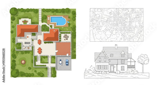 Architectural plans displaying a house s layout facade and surrounding landscape