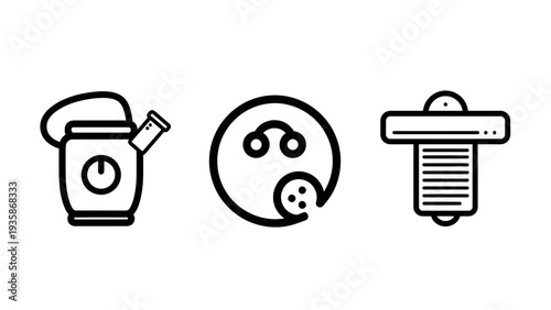 Set of icons for gardening, gaming and technology: watering can, bowling ball, and light bulb, clean vector illustration
