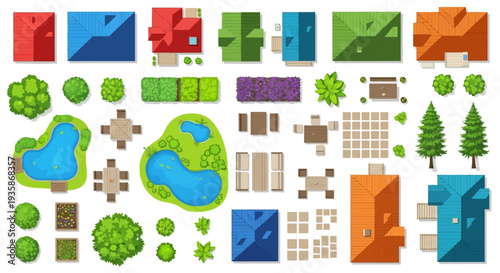 Top down view of colorful houses trees ponds and garden elements