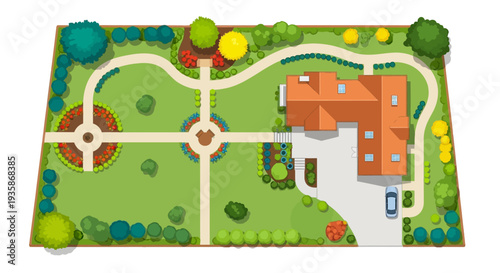 Aerial view of a house with a landscaped garden and winding pathways